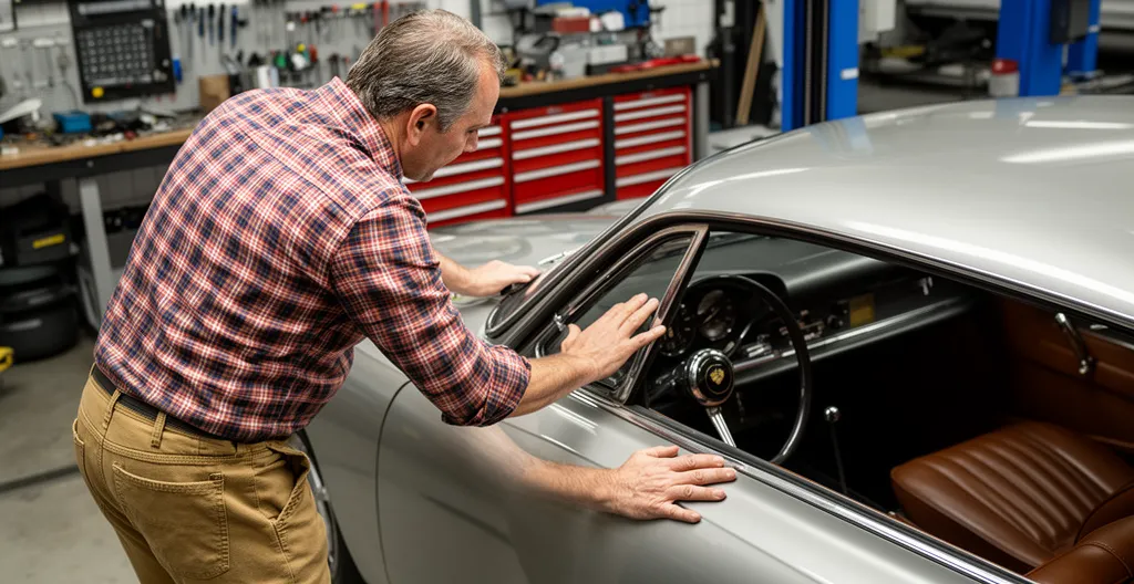 Expert automobile inspectant l'état d'une voiture ancienne pour évaluation collection