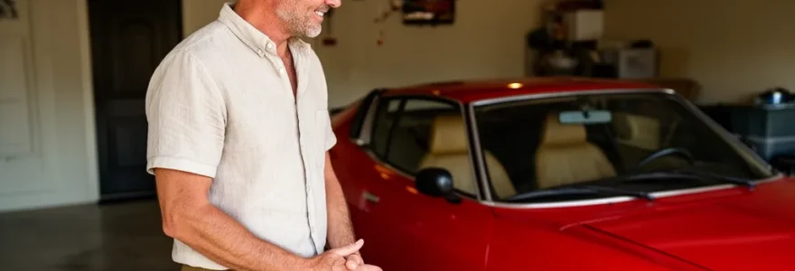 Propriétaire admirant sa voiture de collection des années 70 dans son garage privé