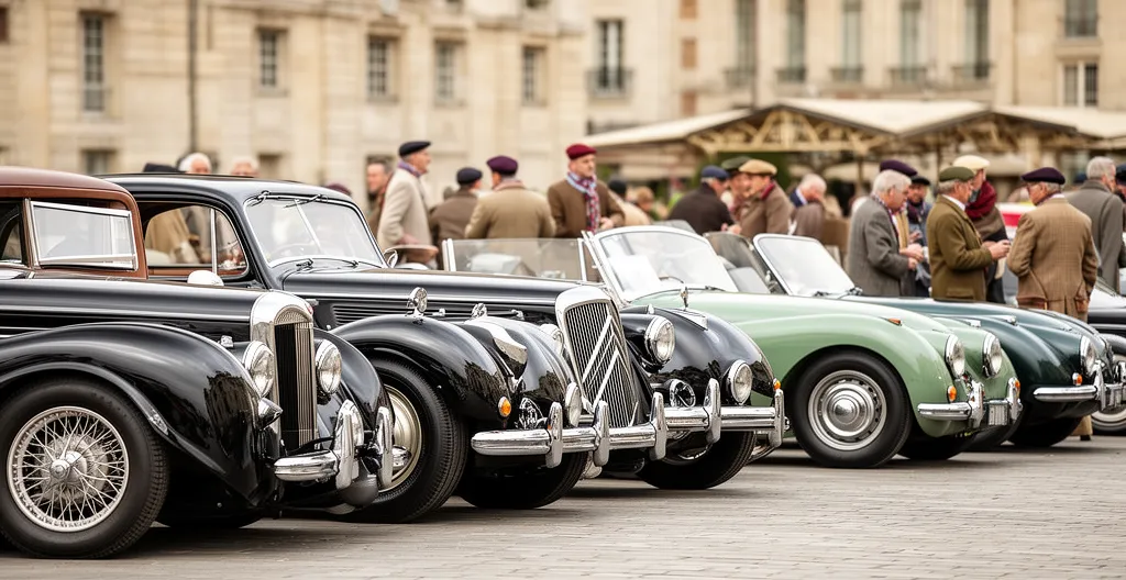 Rassemblement de voitures de collection avec propriétaires discutant en arrière-plan