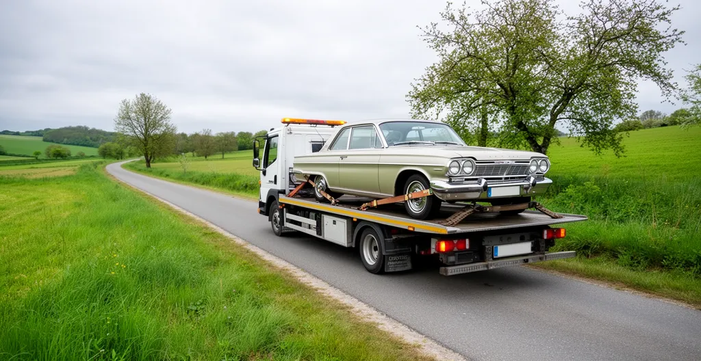 Voiture ancienne des années 60 sécurisée sur plateau de dépannage spécialisé