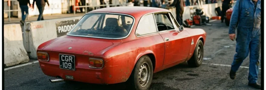 Une voiture de sport rouge garée dans un paddock de circuit automobile, barrières de sécurité visibles en arrière-plan sous une lumière de fin de journée