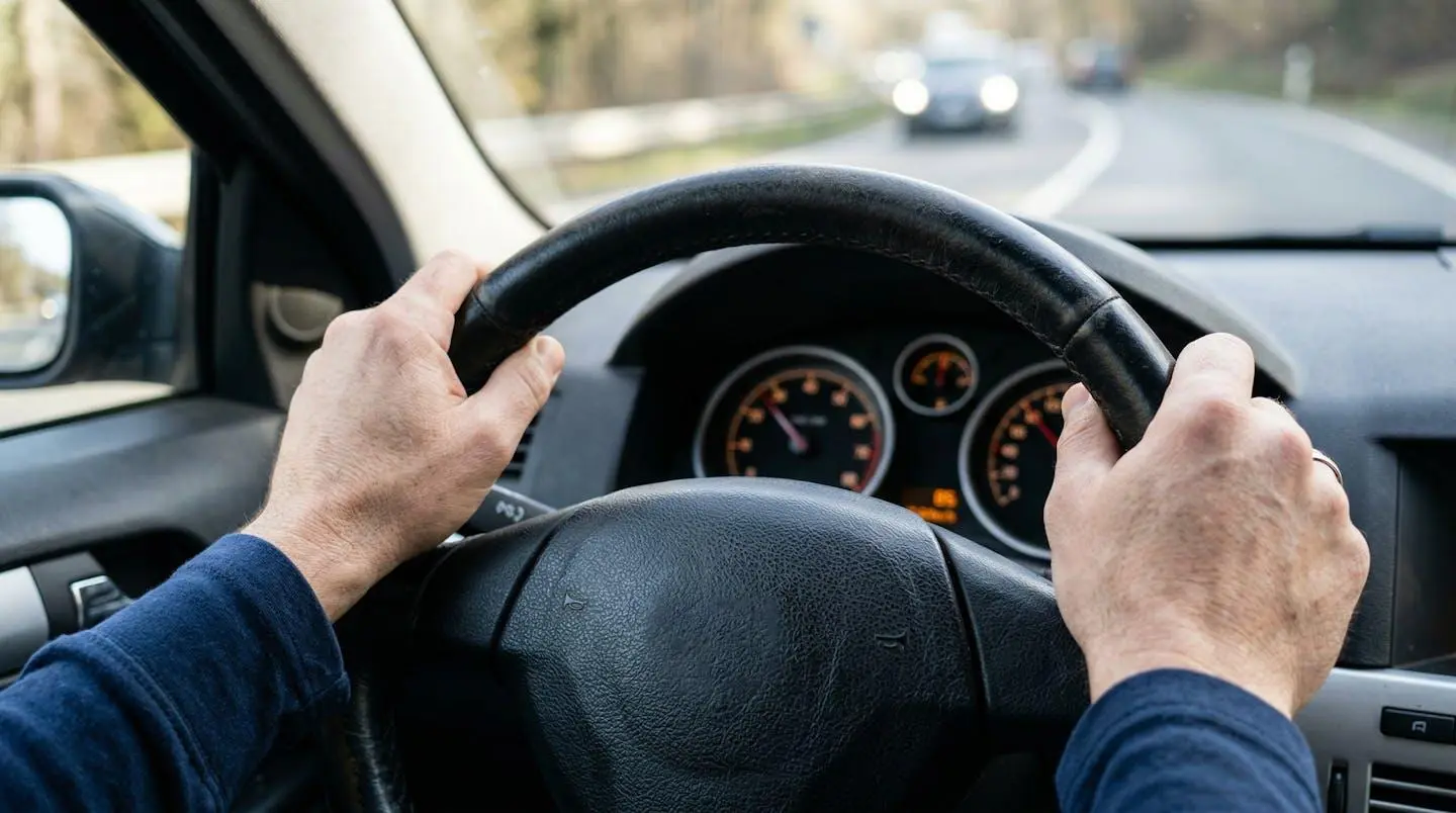 Mains d'un conducteur tenant fermement un volant gainé de cuir dans l'habitacle d'une voiture sportive, tableau de bord flouté