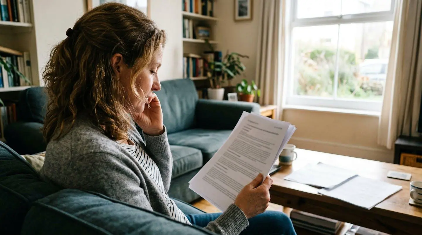 Une personne assise dans un salon lumineux consulte des documents papier posés sur une table basse, lumière naturelle de fenêtre